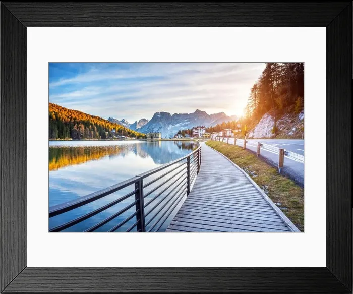 Framed Print : Panoramic autumn view of embankment Misurina lake and Misurina village, National Park Tre Cime di Lavaredo, Auronzo, Dolomiti Alps, South Tyrol