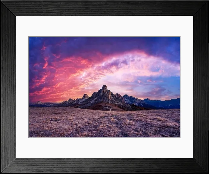 Framed Print : Picturesque landscape during incredible pink sunset in Italian Dolomites mountains. Passo Giau (Giau pass) Framed Print : Picturesque landscape during incredible pink sunset in Italian Dolomites mountains. Passo Giau (Giau pass)