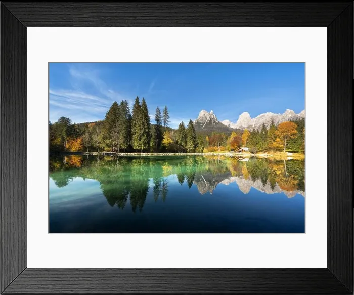 Framed Print : Picturesque view at autumn Welsperg lake in Dolomite Alps. Canali Valley, Primiero San Martino di Castrozza, Province of Trento, Italy