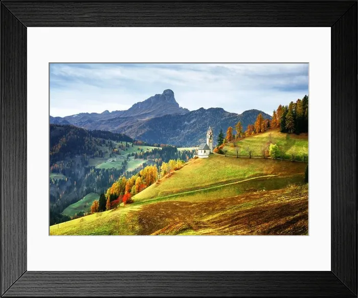 Framed Print : Santa Barbara church at the autumn Dolomite Alps. Amazing landscape with small chapel on sunny meadow at San Genesio village location Framed Print : Santa Barbara church at the autumn Dolomite Alps. Amazing landscape with small chapel on sunny meadow at San Genesio village location