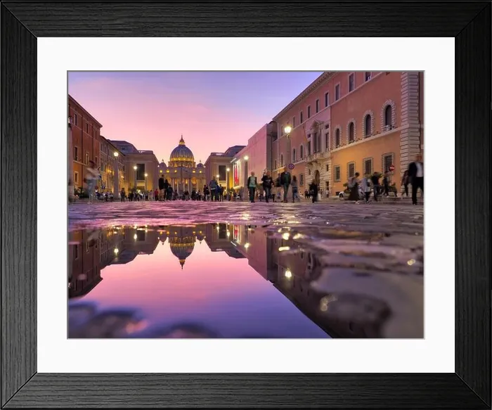 Framed Print : Wonderful view of St Peter Cathedral, Vatican, Rome, Italy. Sunset sky with night city lights