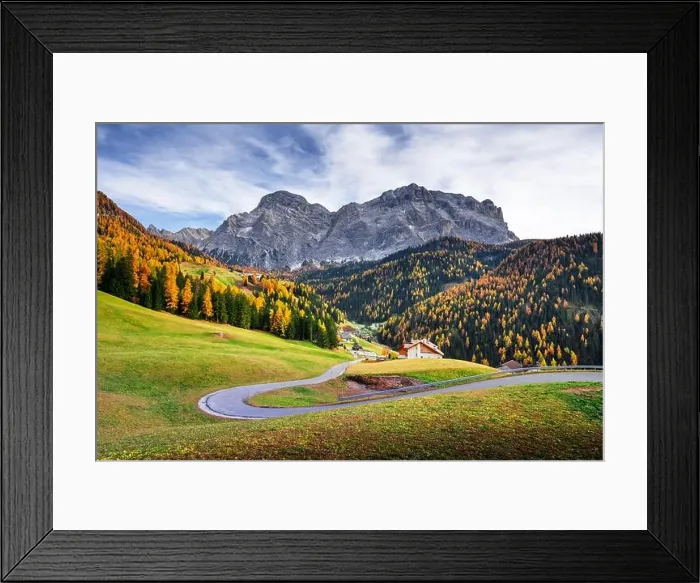 Framed Print : Winding road at the autumn Dolomite Alps. Amazing landscape with mountains on background at San Genesio village location, Province of Bolzano Framed Print : Winding road at the autumn Dolomite Alps. Amazing landscape with mountains on background at San Genesio village location, Province of Bolzano