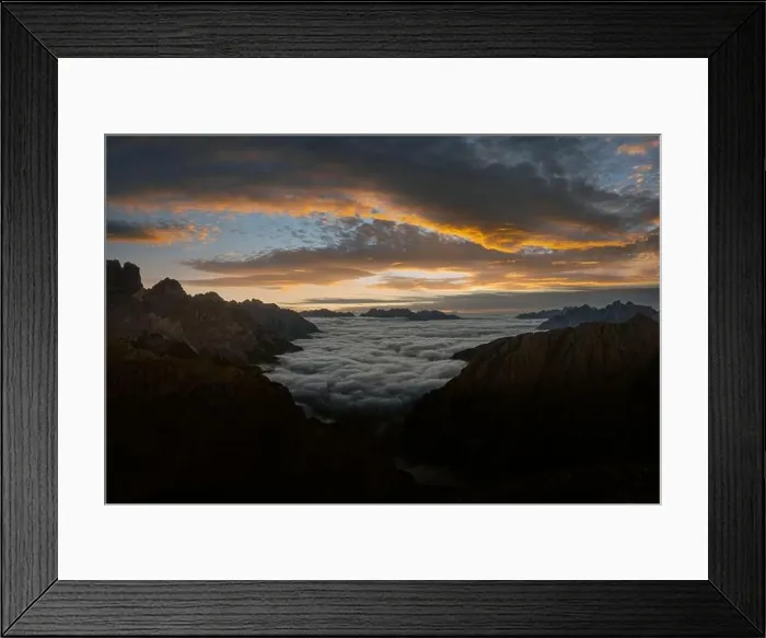 Framed Print : Dramatic sunrise landscape with flowing fog and pink skies in the Dolomites mountains. Location Auronzo rifugio in Tre Cime di Lavaredo National Framed Print : Dramatic sunrise landscape with flowing fog and pink skies in the Dolomites mountains. Location Auronzo rifugio in Tre Cime di Lavaredo National