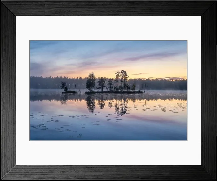 Framed Print : Beautiful sunrise landscape with misty mood and calm lake at foggy summer morning in Finland Framed Print : Beautiful sunrise landscape with misty mood and calm lake at foggy summer morning in Finland