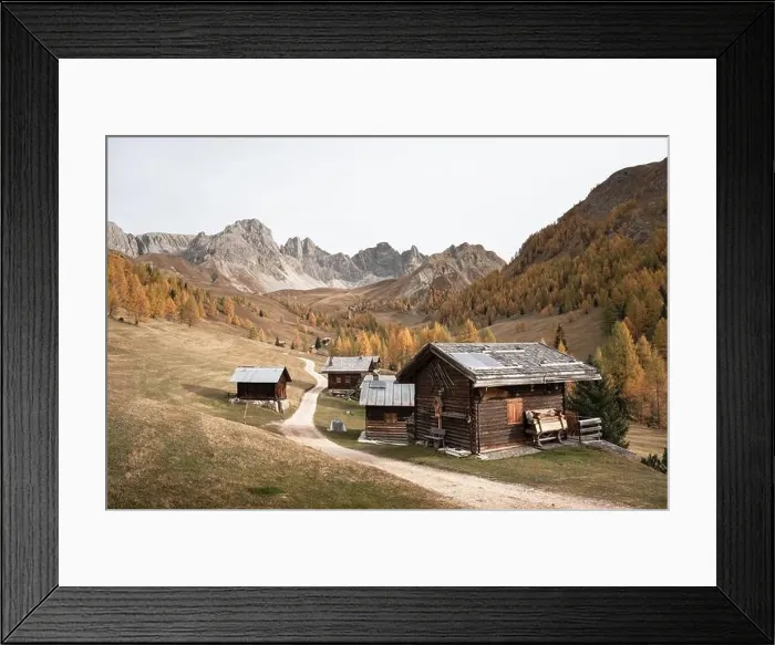 Framed Print : Incredible autumn view at Valfreda valley in Italian Dolomite Alps. Wooden cabins, yellow grass Framed Print : Incredible autumn view at Valfreda valley in Italian Dolomite Alps. Wooden cabins, yellow grass