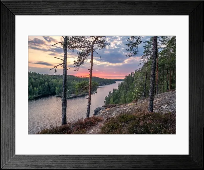 Framed Print : Scenic forest landscape with tarnquil mood and idyllic sunset at summer evening in Finland Framed Print : Scenic forest landscape with tarnquil mood and idyllic sunset at summer evening in Finland