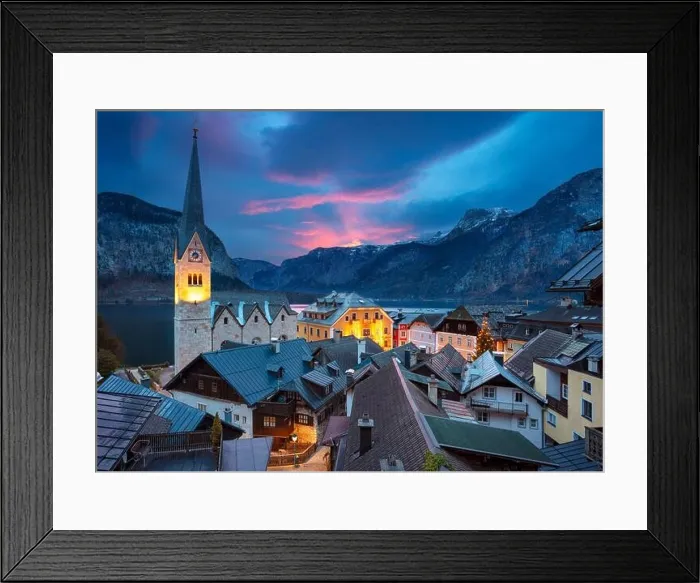 Framed Print : Hallstatt, Austria. Cityscape image of the famous alpine village Hallstatt, Austria during twilight blue hour Framed Print : Hallstatt, Austria. Cityscape image of the famous alpine village Hallstatt, Austria during twilight blue hour