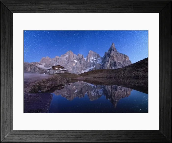 Framed Print : Incredible night landscape with a reflection of starry sky and mountains in a water of small lake in a popular tourist destination - Baita Segantini Framed Print : Incredible night landscape with a reflection of starry sky and mountains in a water of small lake in a popular tourist destination - Baita Segantini
