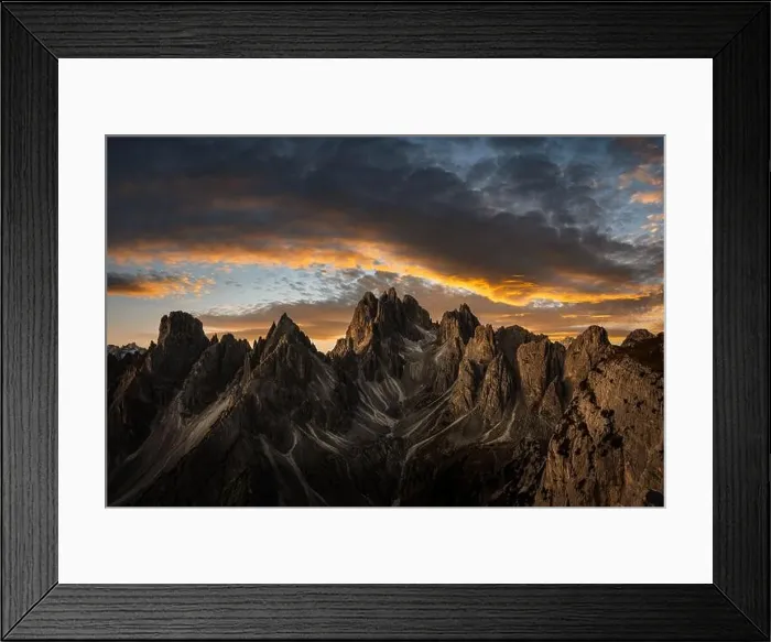 Framed Print : Marmarole mountain group with Cimon del Froppa against the backdrop of incredible orange sunset sky, Dolomites, Italy. Landscape photography Framed Print : Marmarole mountain group with Cimon del Froppa against the backdrop of incredible orange sunset sky, Dolomites, Italy. Landscape photography