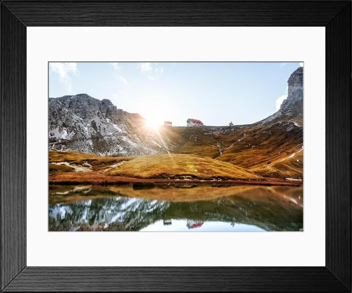 Framed Print : Rifugio Locatelli mirrored in clear turquoise water of alpine lake Piani in the Tre Cime Di Laveredo National Park, Dolomites, Italy