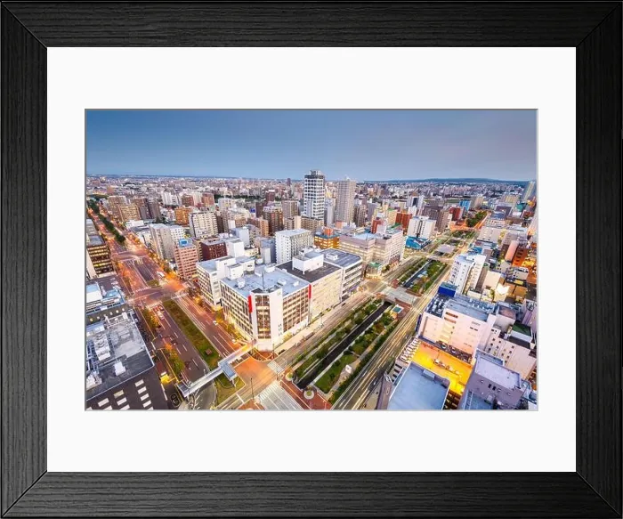 Framed Print : Sapporo, Japan cityscape and intersection from above in the central Chuo Ward at dusk Framed Print : Sapporo, Japan cityscape and intersection from above in the central Chuo Ward at dusk