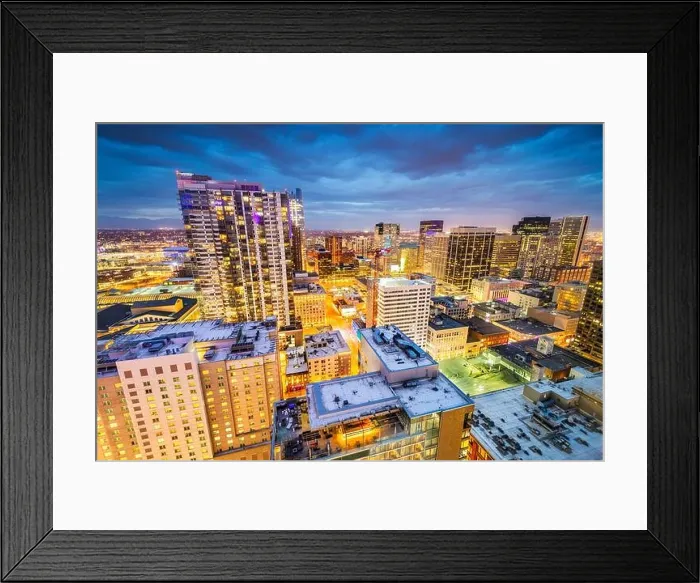 Framed Print : Denver, Colorado, USA downtown cityscape rooftop view at dusk with storm clouds rolloing in Framed Print : Denver, Colorado, USA downtown cityscape rooftop view at dusk with storm clouds rolloing in