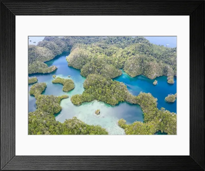 Framed Print : Highly eroded limestone islands and coral reefs lie amid the waters of Raja Ampat, Indonesia. This region is a popular destination for scuba divers Framed Print : Highly eroded limestone islands and coral reefs lie amid the waters of Raja Ampat, Indonesia. This region is a popular destination for scuba divers