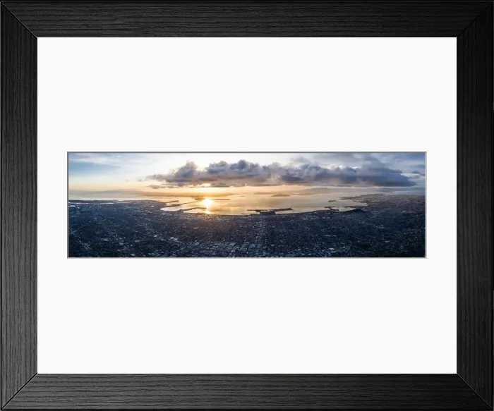 Framed Print : A serene sunset illuminates the densely populated San Francisco Bay area including Oakland, Berkeley, Emeryville, El Cerrito, and San Francisco Framed Print : A serene sunset illuminates the densely populated San Francisco Bay area including Oakland, Berkeley, Emeryville, El Cerrito, and San Francisco