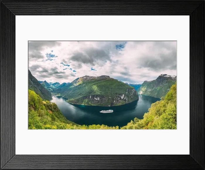 Framed Print : Geirangerfjord, Norway. Touristic Ship Ferry Boat Cruise Ship Liner Floating Near Geiranger In Geirangerfjorden In Summer Day. Famous Norwegian Landma