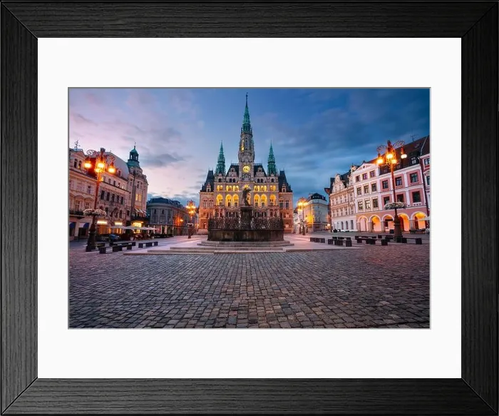 Framed Print : Liberec, Czech Republic. Cityscape image of downtown Liberec, Czech Republic with Liberec Town Hall and Fountain of Neptun at summer sunset Framed Print : Liberec, Czech Republic. Cityscape image of downtown Liberec, Czech Republic with Liberec Town Hall and Fountain of Neptun at summer sunset