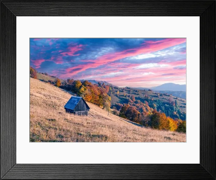 Framed Print : Old wooden cabin on autumn meadow during sunset. Red beech trees on background wich covered autumn mountains. Landscape photography Framed Print : Old wooden cabin on autumn meadow during sunset. Red beech trees on background wich covered autumn mountains. Landscape photography