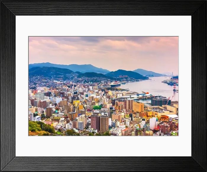 Framed Print : Nagasaki, Japan downtown cityscape on the bay at twilight Framed Print : Nagasaki, Japan downtown cityscape on the bay at twilight
