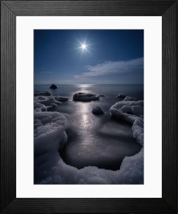 Framed Print : Scenic view with moonlight and icy sea at winter night in coastline, Finland Framed Print : Scenic view with moonlight and icy sea at winter night in coastline, Finland