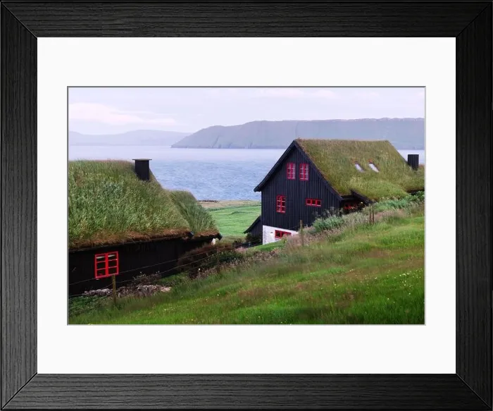 Framed Print : Foggy morning view of a house with grass roof in the Velbastadur village on Streymoy island, Faroe islands, Denmark. Landscape photography Framed Print : Foggy morning view of a house with grass roof in the Velbastadur village on Streymoy island, Faroe islands, Denmark. Landscape photography