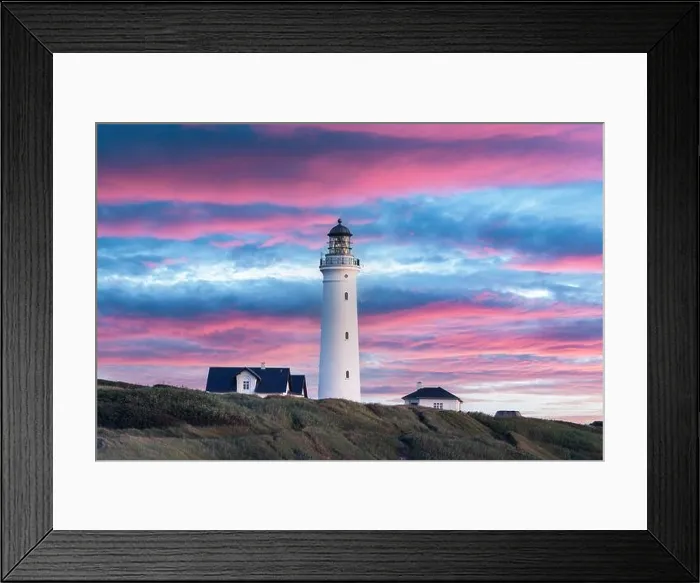 Framed Print : Amazing pink sunset view of Hirtshals lighthouse in Denmark. Landscape photography