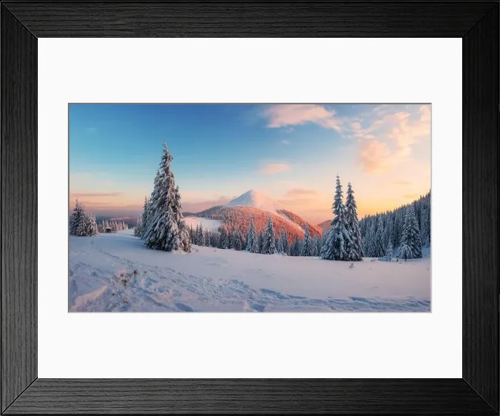 Framed Print : Fantastic winter landscape in snowy mountains glowing by morning sunlight. Dramatic wintry scene with frozen snowy trees at sunrise Framed Print : Fantastic winter landscape in snowy mountains glowing by morning sunlight. Dramatic wintry scene with frozen snowy trees at sunrise