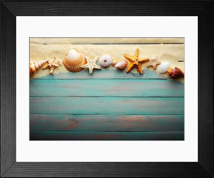 Framed Print : Vacations and summer time concept with starfish and sea shells on a turquoise wooden table with sand Framed Print : Vacations and summer time concept with starfish and sea shells on a turquoise wooden table with sand