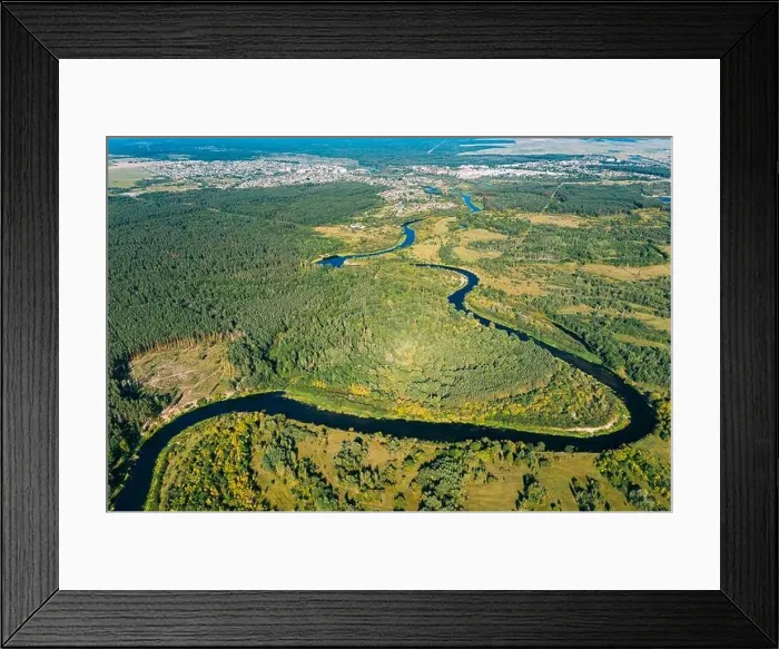 Framed Print : Aerial View Green Forest Woods And River Landscape In Sunny Summer Day. Top View Of Beautiful European Nature From High Attitude In Summer Season. Dro Framed Print : Aerial View Green Forest Woods And River Landscape In Sunny Summer Day. Top View Of Beautiful European Nature From High Attitude In Summer Season. Dro