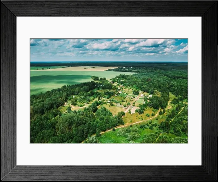 Framed Print : Aerial View Of Vegetable Gardens In Small Village. Skyline In Summer Evening. Village Garden Beds In Bird's-eye View Framed Print : Aerial View Of Vegetable Gardens In Small Village. Skyline In Summer Evening. Village Garden Beds In Bird's-eye View