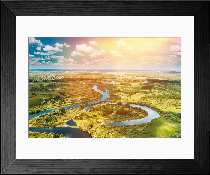 Framed Print : Aerial View Of Summer Curved River Landscape In Sunny Summer Day. Top View From High Attitude In Summer Season Framed Print : Aerial View Of Summer Curved River Landscape In Sunny Summer Day. Top View From High Attitude In Summer Season