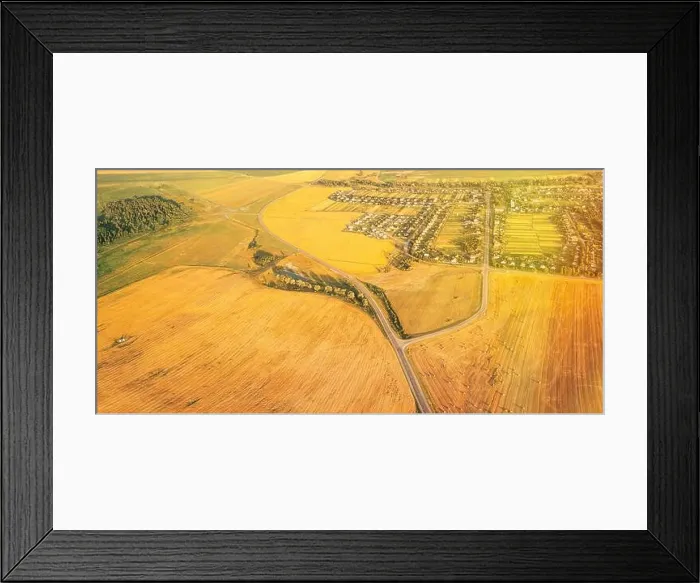 Framed Print : Aerial View Of Village And Hay Rolls, Straw Field Landscape In Summer Evening. Haystack, Hay Roll in Sunrise Time. Agricultural Countryside landscape Framed Print : Aerial View Of Village And Hay Rolls, Straw Field Landscape In Summer Evening. Haystack, Hay Roll in Sunrise Time. Agricultural Countryside landscape