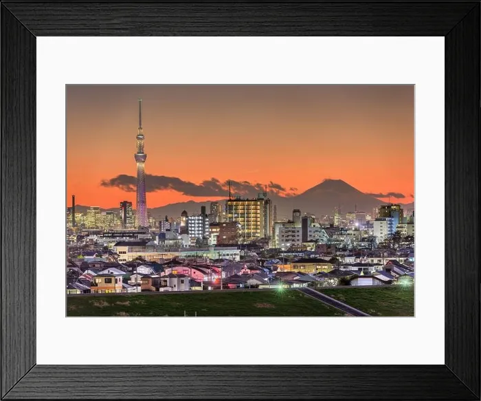 Framed Print : Tokyo, Japan skyline with Mt. Fuji and famous towers at dusk Framed Print : Tokyo, Japan skyline with Mt. Fuji and famous towers at dusk