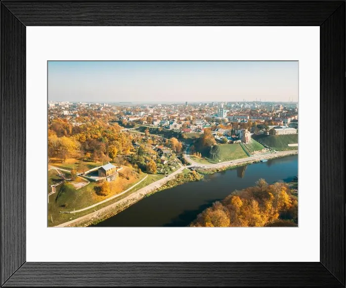 Framed Print : Grodno, Belarus. Aerial Bird's-eye View Of Hrodna Cityscape Skyline. Kalozha Church And Other Famous Popular Historic Landmarks In Sunny Autumn Day Framed Print : Grodno, Belarus. Aerial Bird's-eye View Of Hrodna Cityscape Skyline. Kalozha Church And Other Famous Popular Historic Landmarks In Sunny Autumn Day