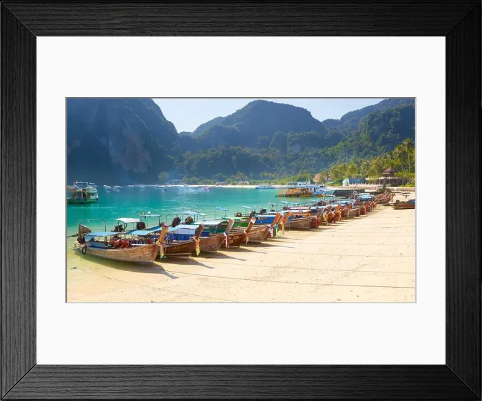 Framed Print : Thailand - Phi Phi Island, Phang Nga Bay, long tail boats on the beach Framed Print : Thailand - Phi Phi Island, Phang Nga Bay, long tail boats on the beach