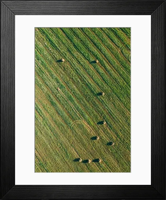 Framed Print : Aerial View of Summer Field Landscape With With Dry Hay Bales During Harvest. Trails Lines on Farmland. Top View Agricultural Landscape. Drone View. B Framed Print : Aerial View of Summer Field Landscape With With Dry Hay Bales During Harvest. Trails Lines on Farmland. Top View Agricultural Landscape. Drone View. B