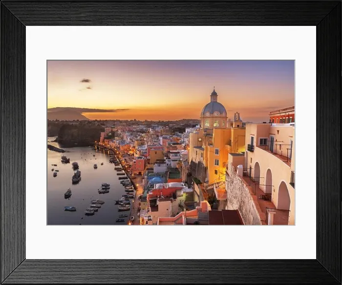 Framed Print : Procida, Italy old town skyline in the Mediterranean Sea during dusk Framed Print : Procida, Italy old town skyline in the Mediterranean Sea during dusk