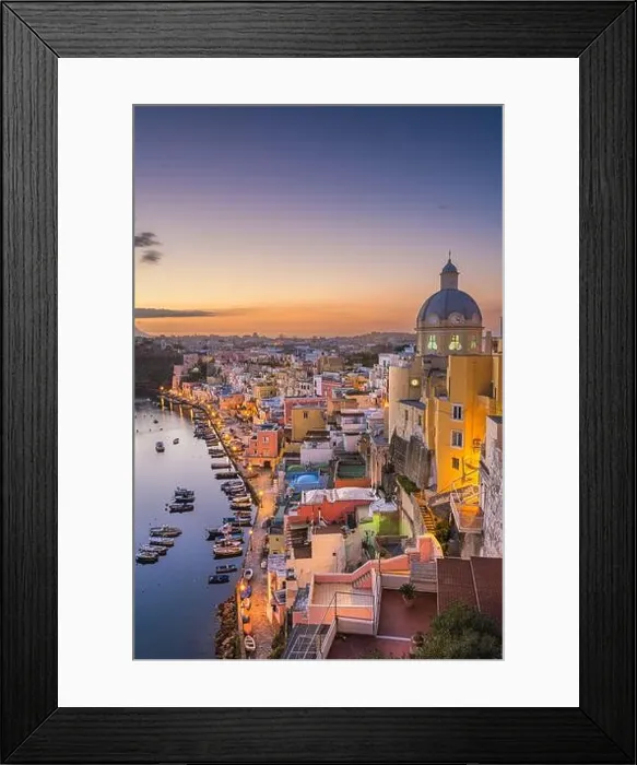 Framed Print : Procida, Italy old town skyline in the Mediterranean Sea during dusk Framed Print : Procida, Italy old town skyline in the Mediterranean Sea during dusk