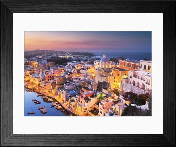 Framed Print : Procida, Italy old town skyline in the Mediterranean Sea during dusk Framed Print : Procida, Italy old town skyline in the Mediterranean Sea during dusk