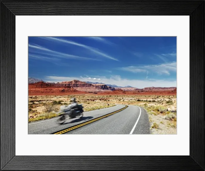 Framed Print : Motorcycle traveler riding in American highway, Glen Canyon, Utah, USA. Main object in motion blur Framed Print : Motorcycle traveler riding in American highway, Glen Canyon, Utah, USA. Main object in motion blur