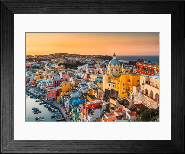 Framed Print : Procida, Italy old town skyline in the Mediterranean Sea during dusk Framed Print : Procida, Italy old town skyline in the Mediterranean Sea during dusk