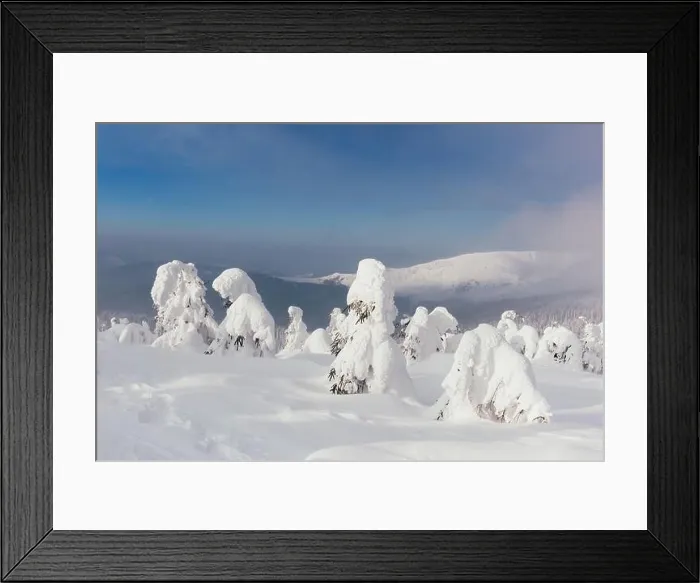 Framed Print : Fantastic winter landscape with snowy trees and blue sky. Carpathian mountains, Ukraine, Europe. Christmas holiday concept