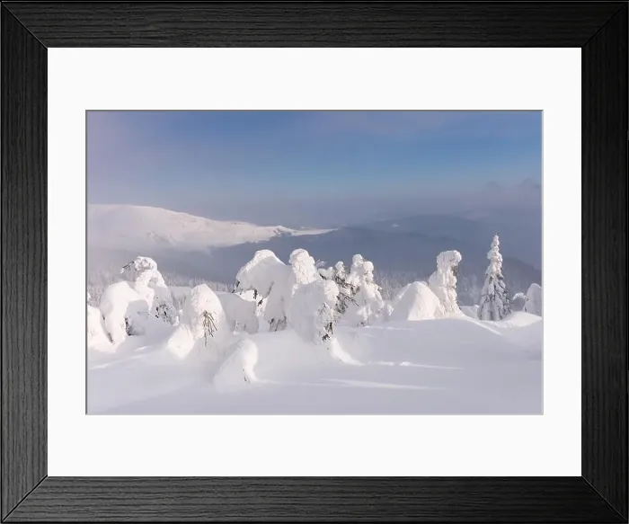 Framed Print : Fantastic winter landscape with snowy trees and blue sky. Carpathian mountains, Ukraine, Europe. Christmas holiday concept