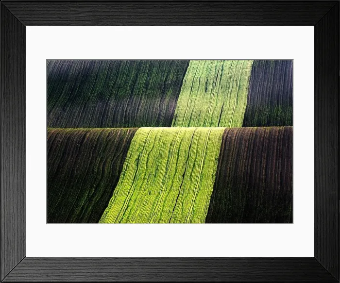 Framed Print : Rural spring landscape with colored striped hills. Green and brown waves of the agricultural fields of South Moravia, Czech Republic Framed Print : Rural spring landscape with colored striped hills. Green and brown waves of the agricultural fields of South Moravia, Czech Republic