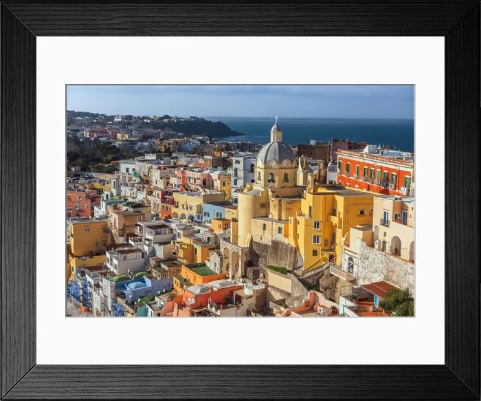 Framed Print : Procida, Italy old town skyline in the Mediterranean Sea during dusk Framed Print : Procida, Italy old town skyline in the Mediterranean Sea during dusk