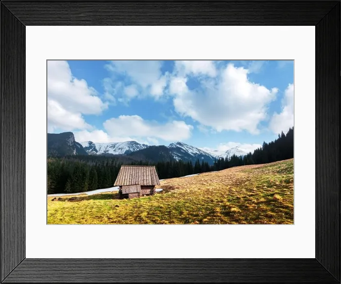 Framed Print : Old wooden hut and cloudy sky in spring High Tatras mountains in Kalatowki meadow, Zakopane, Poland. Landscape photography Framed Print : Old wooden hut and cloudy sky in spring High Tatras mountains in Kalatowki meadow, Zakopane, Poland. Landscape photography