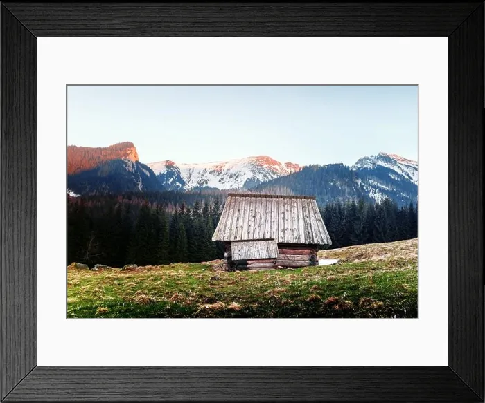 Framed Print : Old wooden hut and sunset sky in spring High Tatras mountains in Kalatowki meadow, Zakopane, Poland. Landscape photography Framed Print : Old wooden hut and sunset sky in spring High Tatras mountains in Kalatowki meadow, Zakopane, Poland. Landscape photography