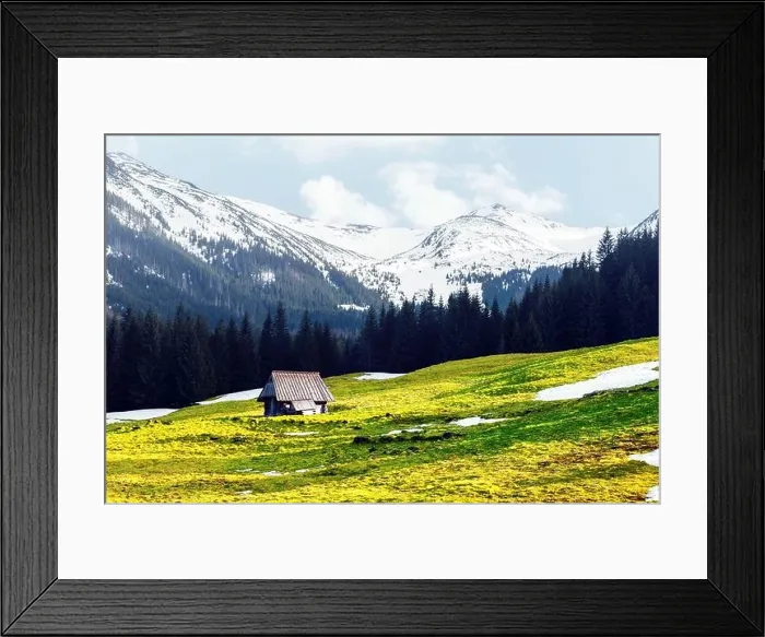 Framed Print : Old wooden hut in spring High Tatras mountains in Kalatowki meadow, Zakopane, Poland. Landscape photography Framed Print : Old wooden hut in spring High Tatras mountains in Kalatowki meadow, Zakopane, Poland. Landscape photography