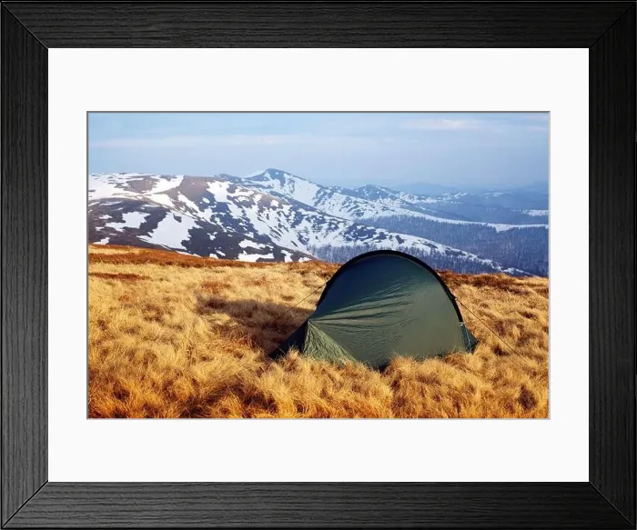 Framed Print : Green tent on amazing meadow in spring mountains. Landscape photography, travel concept Framed Print : Green tent on amazing meadow in spring mountains. Landscape photography, travel concept