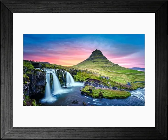 Framed Print : Picturesque landscape with Kirkjufellsfoss waterfall and Kirkjufell mountain, Iceland, Europe Framed Print : Picturesque landscape with Kirkjufellsfoss waterfall and Kirkjufell mountain, Iceland, Europe