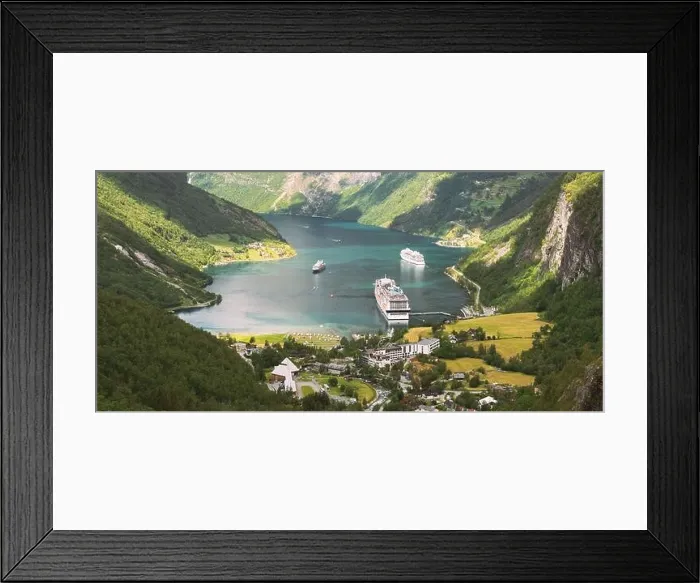 Framed Print : Geiranger, Geirangerfjord, Norway - June 18, 2019: Touristic Ship Ferry Boat Liner Moored Near Geiranger. Famous Norwegian Landmark And Popular Destin Framed Print : Geiranger, Geirangerfjord, Norway - June 18, 2019: Touristic Ship Ferry Boat Liner Moored Near Geiranger. Famous Norwegian Landmark And Popular Destin